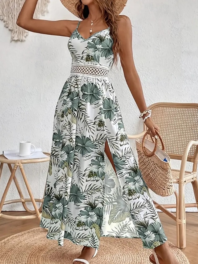  Dámské Midi šaty Květinové šaty Letní šaty Slip Dress Šaty s potiskem Módní Klasické Moderní Dovolená Denní Jdeme ven Běžný Květiny Bez rukávů Popruhy Rubínově červená Vodní modrá Trávová zelená Léto