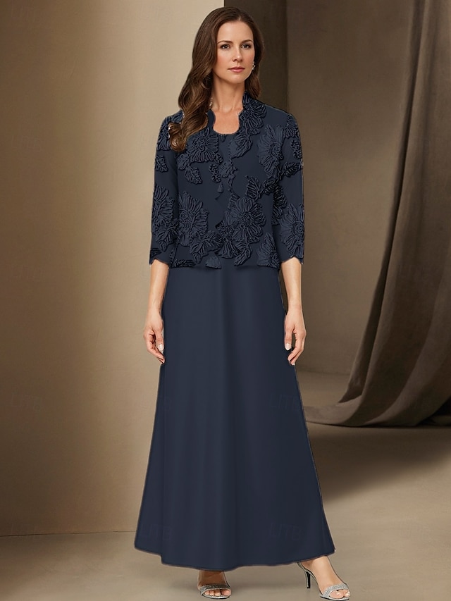  Vestito A-Line 3 Pezzi Madre della Sposa Vestito Elegante Semplice Casual Girocollo Lunghezza Caviglia Chiffon Maniche Lunghe con Pizzo