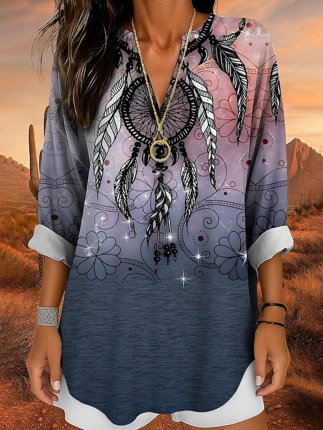  Damenbluse Langarm Tunika Tops Graphic Bohemia Vintage Tropical V-Ausschnitt Reguläre Tops Tägliche Urlaub Strandbekleidung Druck Blau Lila Braun Grün Sommer Frühling