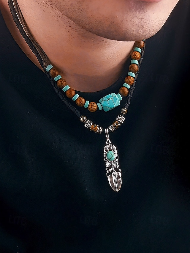  Vintage herrehalskæde med fjervedhæng og turkise perler – lædersmykker i tribalstil til festivaler, rejser og hverdagsbrug