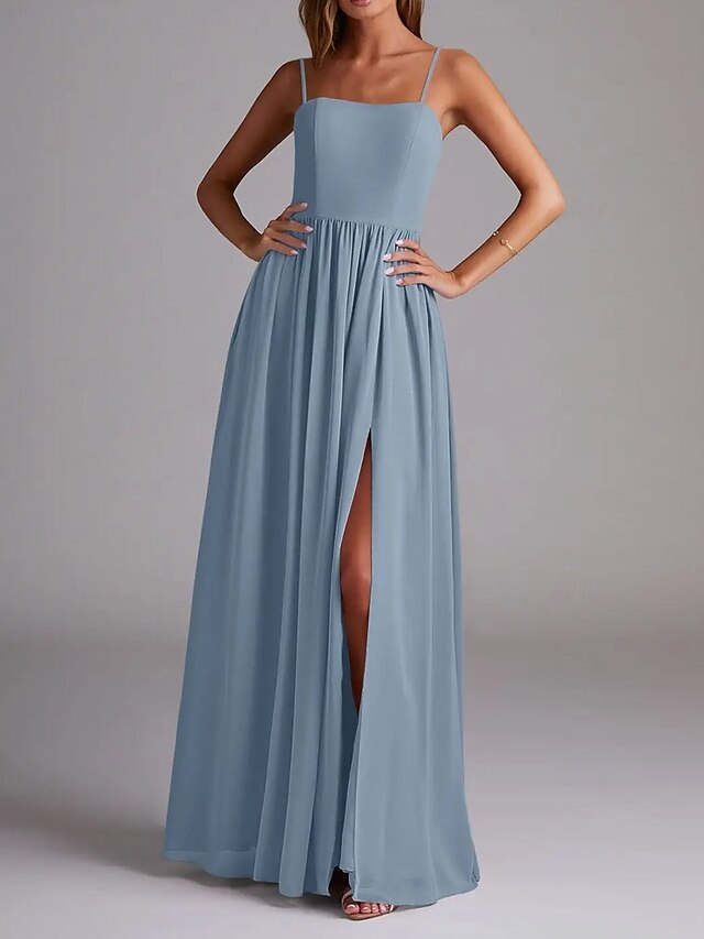  Abito da damigella d'onore a trapezio, senza maniche, elegante, in chiffon con pieghe e spacco frontale, lunghezza al pavimento, 2025