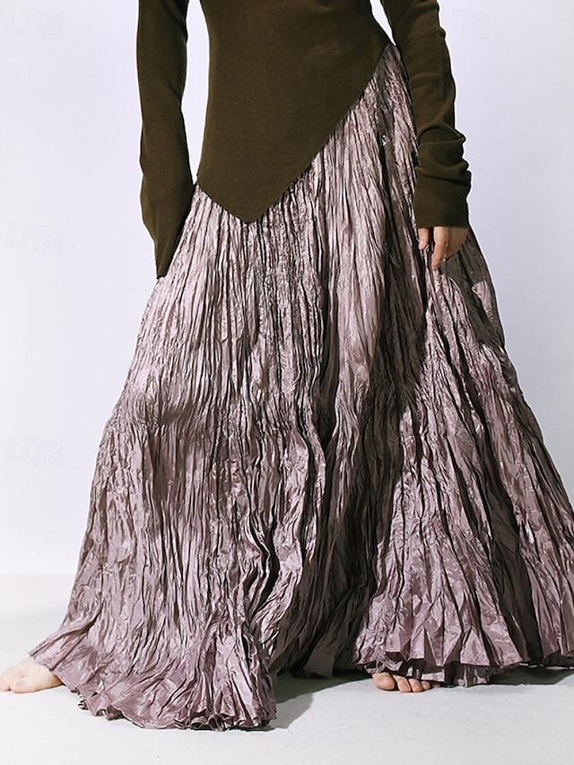  Femmes Jupe Évasé Mode Maxi Taille Basse Jupes Uni Froncé Micro-Élastique Rue Sortir Violet Noir Rose Crème Automne Polyester