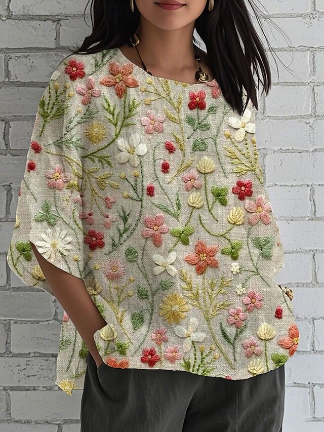 Women's Blouse Long Sleeve Floral Graphic Elegant Stylish 3/4 Length Sleeve V Neck Boat Neck Regular Tops Daily Holiday Print Yellow Pink Green Summer Spring4