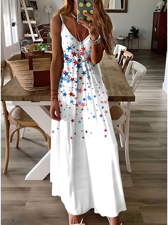  Independence Day Women's Patriotic Fourth of July Maxi Dress A Line Dress Slip Dress Vacation Casual Daily Holiday Graphic American Flag Sleeveless V Neck Spaghetti Strap White Red Sky Blue