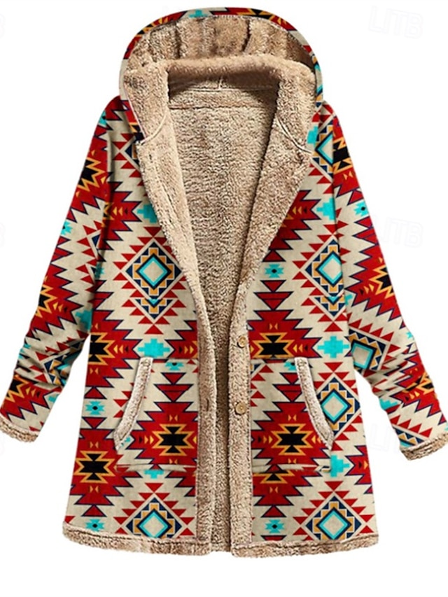  Femmes Veste en Polaire Manteau Veste à Capuche Chaud Confortable Fermeture éclair Avec Poches Mode Moderne Occasionnel Géométrique Sortir Week-end Fermeture éclair Régulier À capuche Coupe régulière