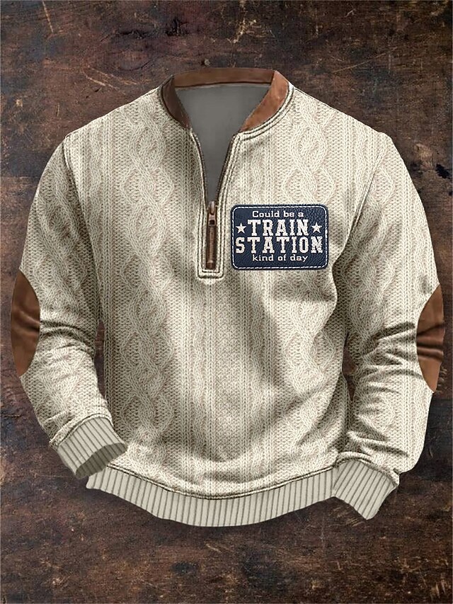Men's Sweatshirt Quarter Zip Sweatshirt Navy Blue Khaki Half Zip Color Block Letter Ribbed Textured Knit-texture Sports & Outdoor Daily Holiday Polyester Vintage Streetwear Casual Fall & Winter3
