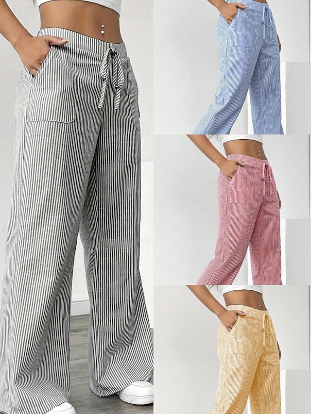  Femmes Jambe large Slacks Streetwear Occasionnel Longueur complète Naturel Rayé Avec Poches Conception à cordon élastique Extérieur Confortable Fête Décontracté Quotidien Magenta Bleu ciel clair Gris