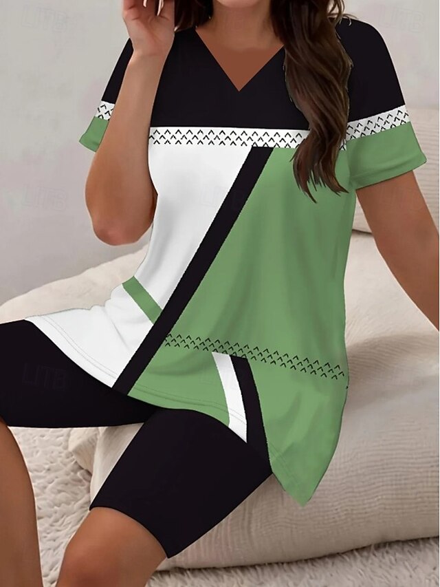 Women's Fashion T Shirt Shorts Sets Short Sleeve V Neck Floral Graphic Leopard Print Casual Daily Black Gold Green Summer Regular Fit4