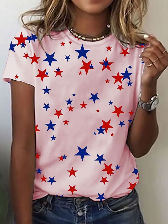  Kvinnors patriotiska T-shirt grafik stjärna vintage stilren klassisk kortärmad rundhalsad vanliga tops daglig helgtryck svart vit rosa sommar