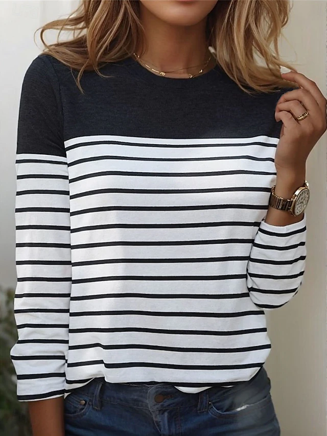 Women's T shirt Long Sleeve Crew Neck Long Sleeve Tunic Striped Basic Round Neck Regular Tops Daily Weekend Print Black White Red Blue Gray Fall & Winter Prefall 14