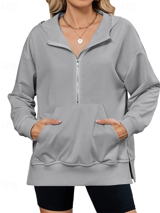  Pentru femei Hanorac cu glugă pulover Simplu Șic Stradă Casual Confortabil Manșon Lung Capișon Topuri obișnuite Stradă Concediu Ieșire Buzunar frontal Quarter Zip Negru Roz Îmbujorat Albastru piscin