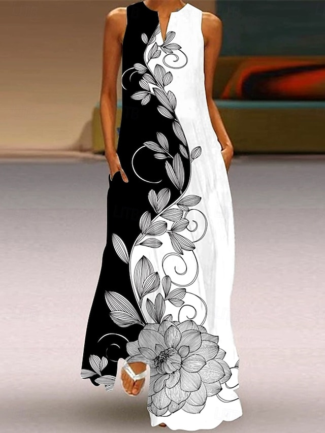  Pentru femei Rochie Maxi Rochie de Vară Rochie A line Rochie de vară Vacanță Casual Boho Concediu Potrivire Largă Ombre Floral Grafic Fără manșon În V Gât crestat Negru și Alb Galben Deschis Magenta