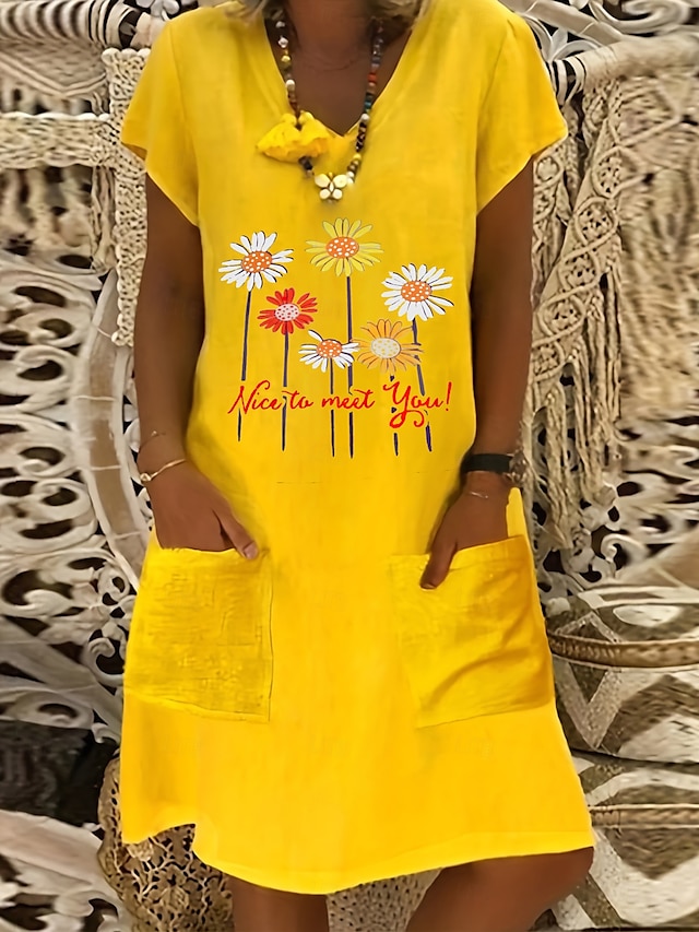  Femmes Robe Midi Robe en lin Robe Décontractée Robe bohème Robe Imprimée Élégant Mode Classique Manches bouffantes Vacances Fête Robe d'Automne Coupe régulière Fleuri Marguerite Manche Courte Col en V