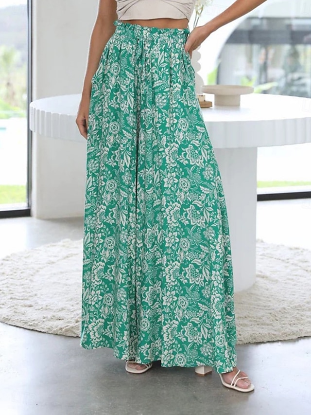  Mulheres chinês Férias Moda Roupa de rua Comprimento total Cintura Alta Floral Gráfico Cintura elástica Estampado Confortável Macio Micro-Elástica Ao ar livre Férias Rua Arco-Íris Azul Azul Céu Verde