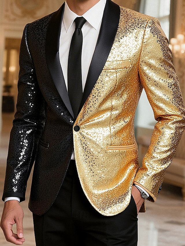  Herren Blazer Geschäft Cocktailparty Hochzeitsfeier Mode Lässig Frühling Herbst Polyester Farbblock Tasche Knöpfe Bequem Einreihig Blazer Gold