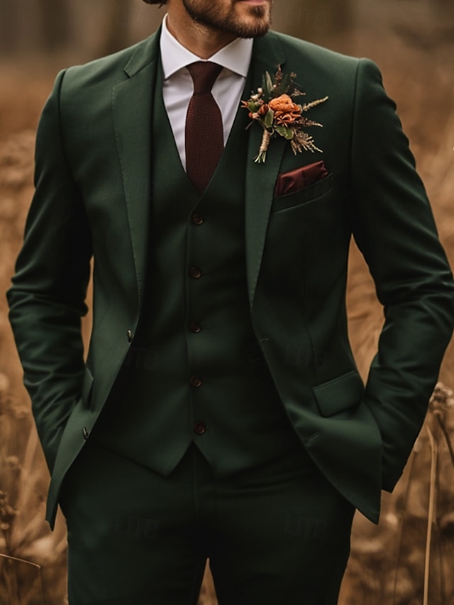  Uomo Matrimonio Completi Verde scuro Moda Formale Tinta unita Vestibilità standard 3 pezzi Monopetto Due Bottoni
