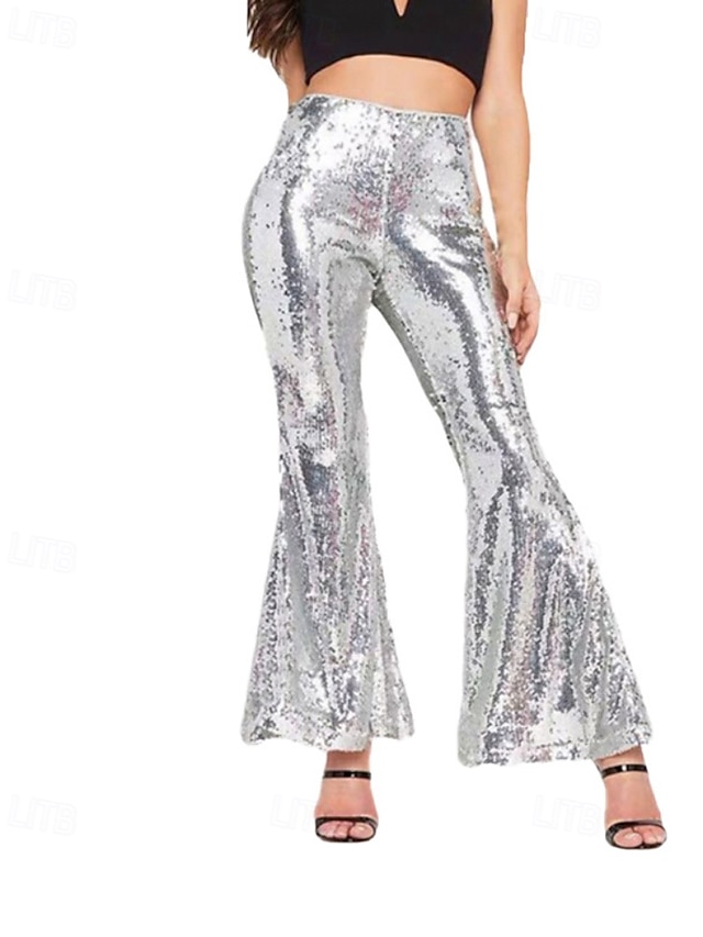  Per donna Gamba larga Moda Streetwear Lunghezza intera Naturale Semplice Paillettes Elastico in vita Comodo All'aperto Confortevole All'aperto Vacanza Feste Argento Nero Rosso Autunno Vestibilit