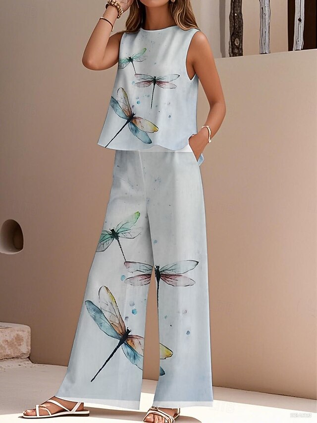 Women's Elegant Fashion Streetwear Two Piece Sets Blouse Vest Pants Trousers Sleeveless Crew Neck Outdoor Work Casual Animal Print Vacation Daily Holiday Blue Summer Regular Fit4