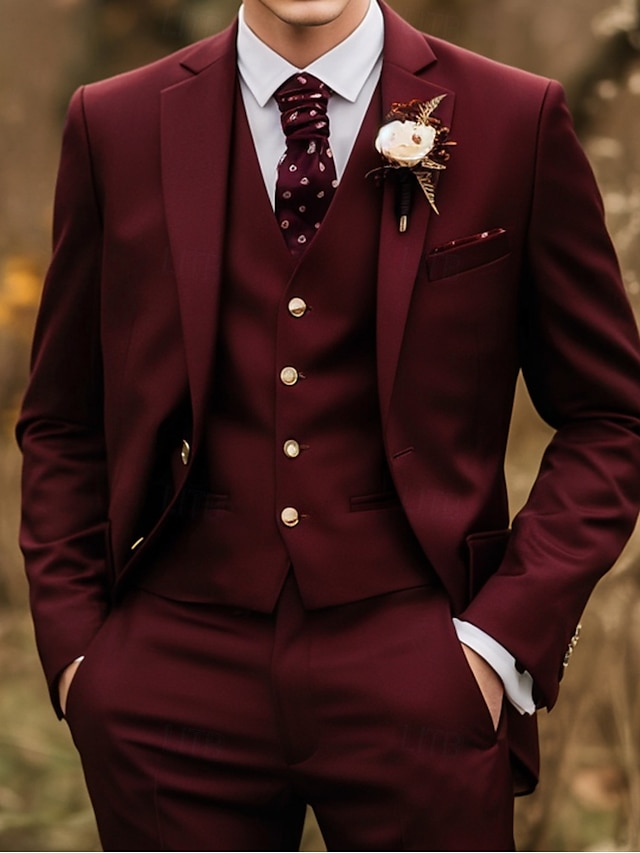  De los hombres Boda Ropa de fiesta de noche Trajes Burdeos Moda Formal Color sólido Estándar Juego de 3 piezas Recto 2 botones