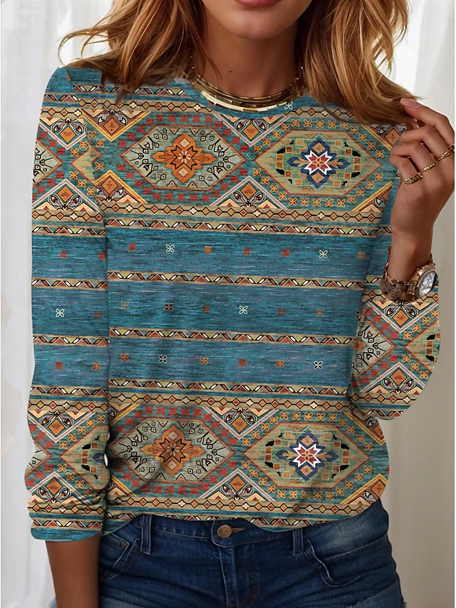Women's T shirt Crew Neck Long Sleeve Tunic Vintage Modern Casual Regular Tops Daily Weekend Print Black Blue Brown Green Fall Winter 6