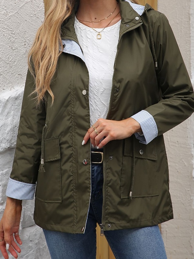  Mujer Gabardina Impermeable Mantiene abrigado Cremallera Bolsillo Moda Exterior Plano Noche Fin de semana Cremallera Regular Con Capucha Ajuste regular Manga Larga Ropa de calle Negro Amarillo Vino