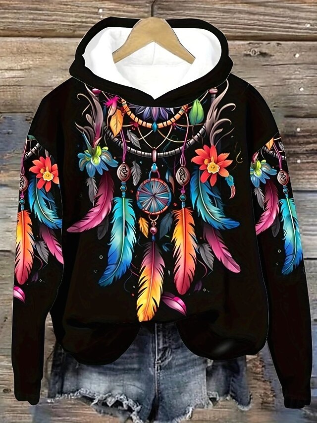 Women's Hoodie Pullover Sweatshirt Oversized Long Sleeve Casual Graphic Tribal Vintage Fashion Western Hooded Regular Tops Street Dailywear Holiday Print Front Pocket Black Fall Winter4