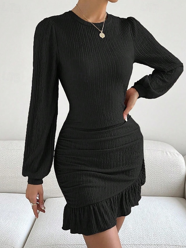  Femmes Mini Robe Robe fourreau Mode Moderne Vacances Sortir Week-end Coupe régulière Uni manche longue Col ras du cou Noir Vert Kaki Été