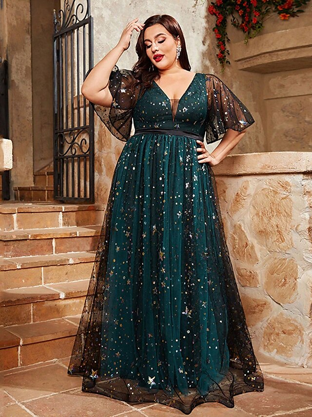  Abito da Sera A-Line Elegante Abito Formale Matrimonio Lunghezza Completa Maniche Corte V Collo Tulle con Pieghe