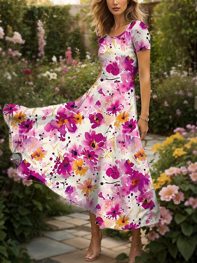  Femmes Robe maxi Robe Décontractée Robe trapèze Robe d'été Élégant Vacances Occasionnel Coupe régulière Fleuri Graphique Manche Courte Col carré Jaune Rouge Bleu Violet Été Automne