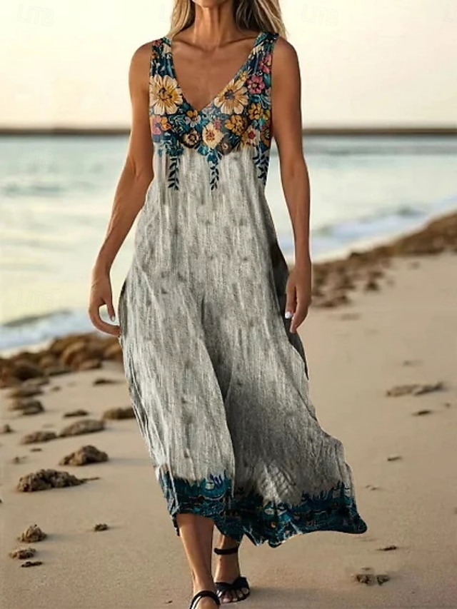  Damen Langes Kleid Maxikleid Freizeitkleid Trägerkleid Sommerkleid afrikanisch Täglich Ferien Strand Normale Passform Blumen Ärmellos V Ausschnitt Grau Sommer