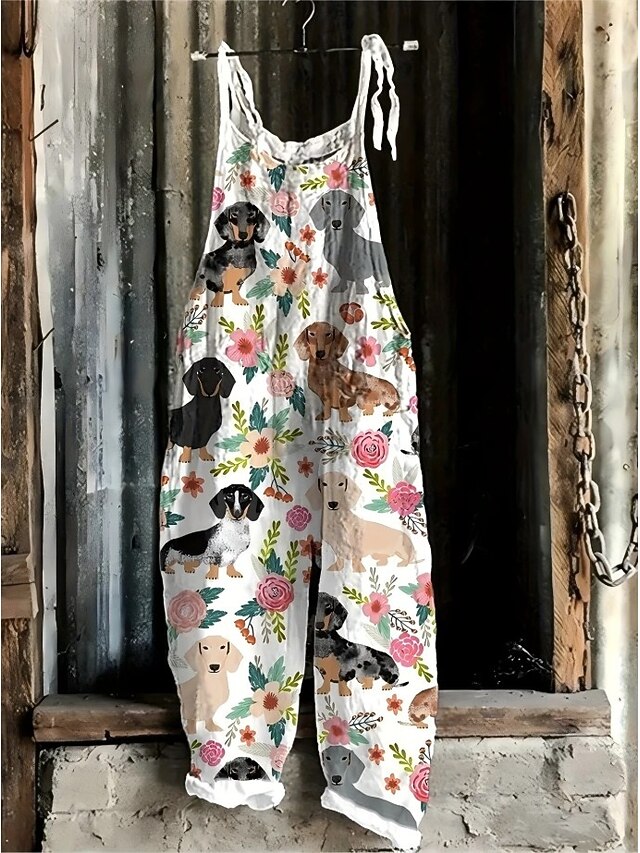 Women's Overalls Vacation Vintage Ethnic Style Long High Waist Animal Color Block Drawstring Inelastic Formal Vacation Street White Blue Light Slate Gray Summer Spring Fall Loose Fit4