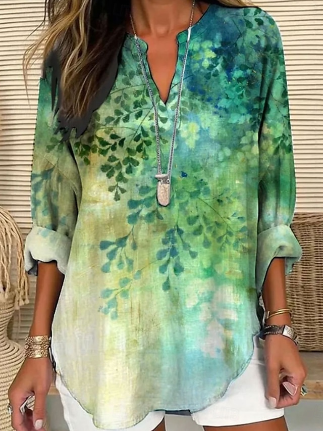  Dame Bluse Blomstret Grafisk Elegant Stilfull Langermet V-hals Vanlige topper Daglig Ferie Trykt mønster Svart Rød Blå Grønn Vår Høst