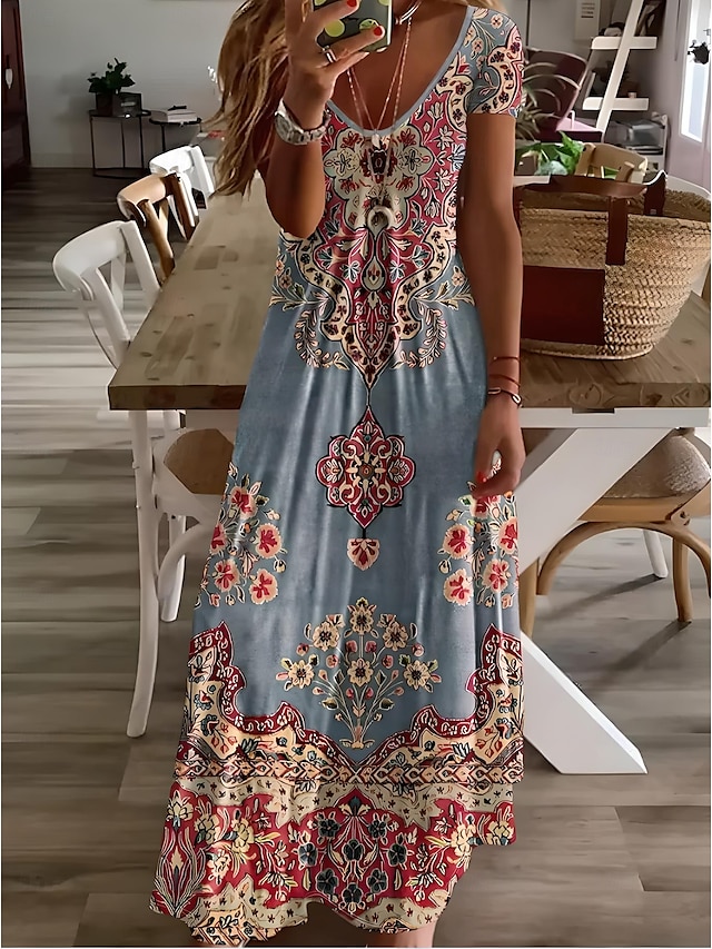  Femmes Robe Midi Robe d'Été Robe trapèze Vacances Occasionnel Boho Sortir Plage Coupe Standard Fleuri Graphique Manche Courte Col en V Gris vert Blanche Vert Claire Rouge Été Printemps
