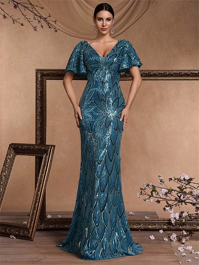  Merihevosilta/trumpetti Quinceanera-mekot elegantti mekko muodollinen häät lattiapituinen lyhyet hihat V-pääntie polyesteri V-taakse paljeteilla