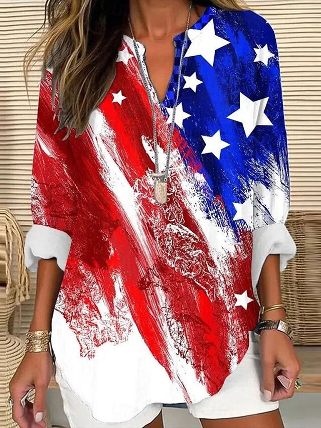 American Independence Day Women's Shirt Flag Stylish Modern Long Sleeve V Neck Regular Tops Daily Holiday Buttons Print Red Summer4