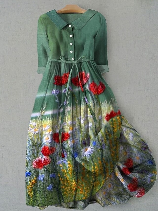 Women's Midi Dress Shift Dress Casual Daily Regular Fit Floral Graphic Half Sleeve Shirt Collar Blue Green Gray Summer Spring4