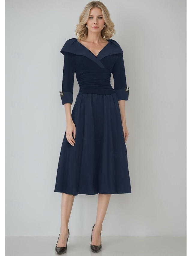  Γραμμή Α Ίσια Γραμμή Κάτω από το γόνατο Φόρεμα για πάρτυ Κοκτέιλ Φόρεμα 3/4 Μήκος Μανικιού Λαιμόκοψη V Κομψό Απλός Μινιμαλιστική Επίσημο Επισκέπτης γάμου Σατέν Stretch σιφόν Φόρεμα Μητέρας της Νύφης