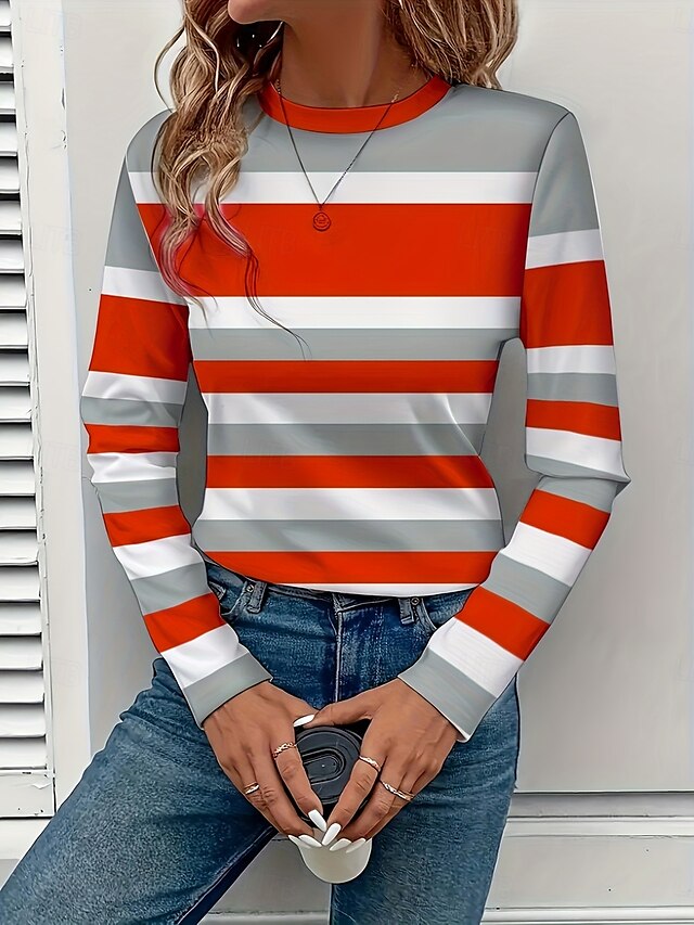  Pentru femei Tricou Grafic Geometric Dungi Epocă Stilat Clasic Manșon Lung Stil Nautic Rotund Topuri obișnuite Zilnic Imprimeu Roz Îmbujorat Roșu-aprins Fucsia Vară Primăvară Toamnă