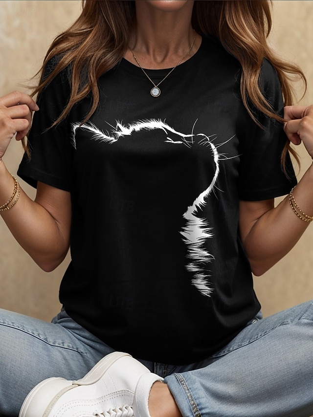  女性用 Tシャツ グラフィック 動物 猫 ヴィンテージ スタイリッシュ クラシック 半袖 クルーネック ラウンドネック レギュラートップス 日常 週末 プリント ブラック 夏 春