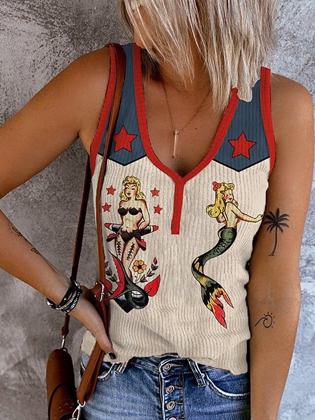 Women's Camisole Tank Top Graphic Geometric Bohemia Vintage Stylish Sleeveless V Neck Regular Tops Daily Print Yellow Beige Summer Spring4