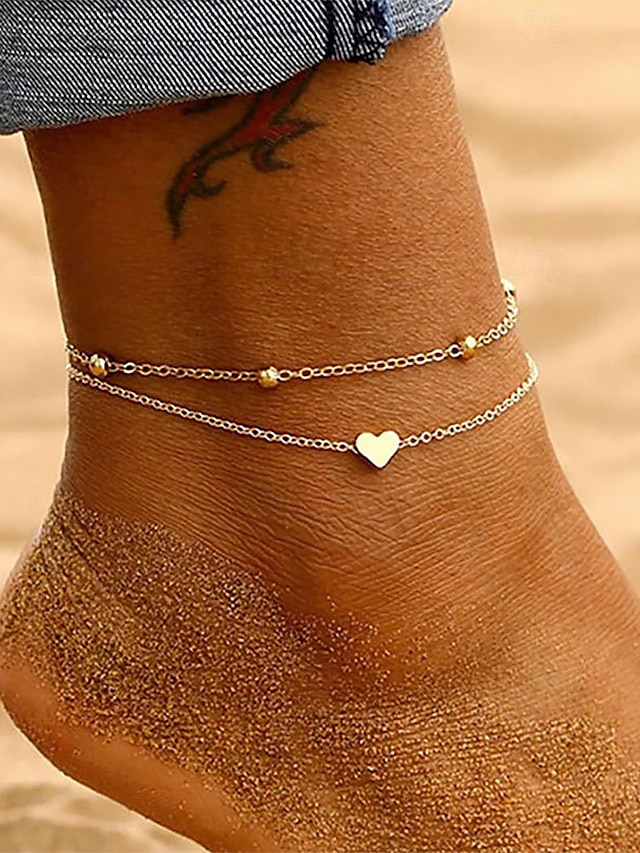  Cavigliera da donna con ciondolo a forma di cuore in oro a doppio strato – grazioso gioiello da spiaggia per i piedi con design a catena di perline per gite estive e abbigliamento da vacanza
