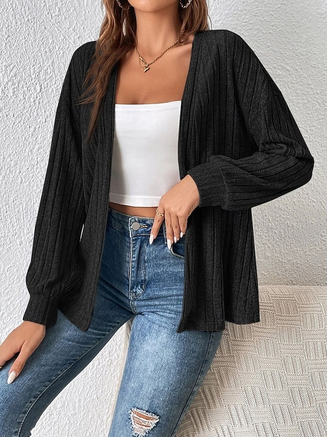  Mujer Chaqueta casual Transpirable Cómodo De Gran Tamaño Casual Plano Vacaciones Calle Casual Ropa Cotidiana Frente Abierto Regular Sin Cuello Ajuste regular Manga Larga Ropa de calle Negro Verano