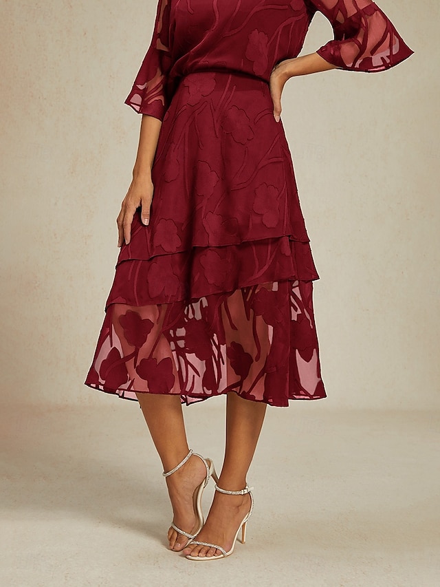  Dame الالتفاف Elegant Midi Medium Midje Skjørt Blomster Multi Layer Uelastisk Fest Avslappet Vin Sommer Chiffon