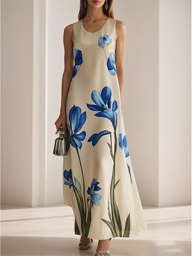 Women's White Champagne Blue Summer Spring Maxi Dress A Line Dress Vacation Casual Beach Formal Wedding Dailywear Regular Fit Floral Graphic Crew Neck4