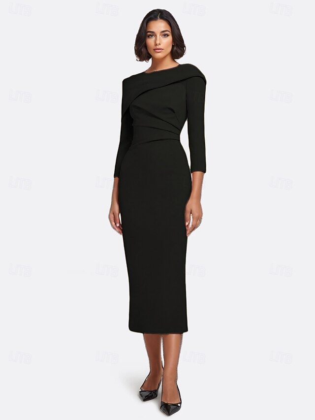  Sheath  Kolom Cocktail Jurken Elegante Jurk Formele Bruiloft Gast Enkel Lengte 3/4 Lengte Mouw Off Shoulder Stretch Crepe met Geplooide