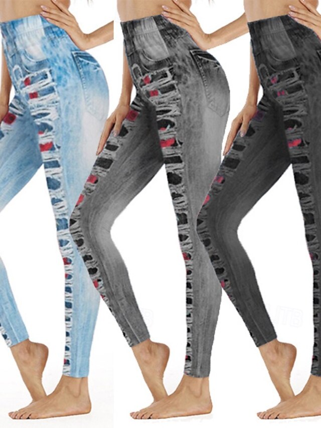  Dame Bukser Leggings Gatemote Fritid Full lengde Naturlig Blomsternål i krystall Elastisk midje Trykt mønster comfy Utendørs Bekvem Feriereise Ut på byen Grå Svart Blå Høst Normal