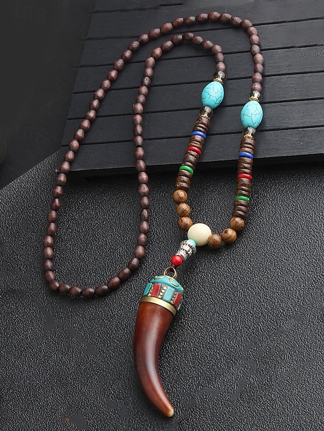  Collier pendentif en perles tribales pour homme – perles ethniques en bois faites à la main avec des accents turquoise, style bohème pour une tenue décontractée, de yoga, de méditation ou de festival