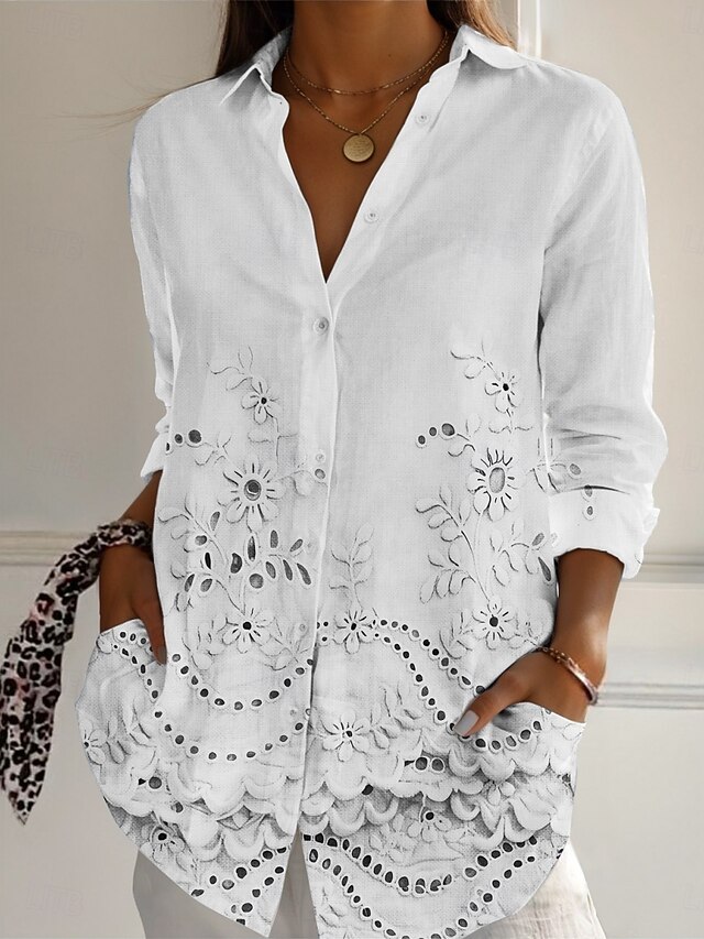 Women's Shirt Floral Active Daily Stylish Long Sleeve Shirt Collar Regular Tops Daily Holiday Buttons Print White Pink Blue Spring Fall4