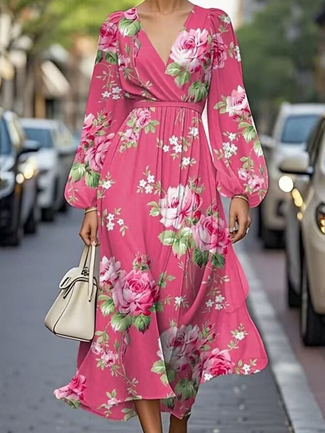 Women's Midi Dress Casual Dress Print Dress Elegant Fashion Outdoor Party Holiday Regular Fit Flower Long Sleeve V Neck Pink Blue Orange Summer Spring4