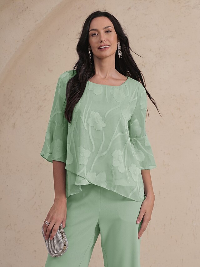 Women's Lace Shirt Blouse Dressy Tops Chiffon Tops Solid Color Flower Elegant Stylish Basic 3/4 Length Sleeve Bell Sleeve Boat Neck Regular Tops Wedding Guest Work Daily Cut Out Asymmetric Hem Sage4